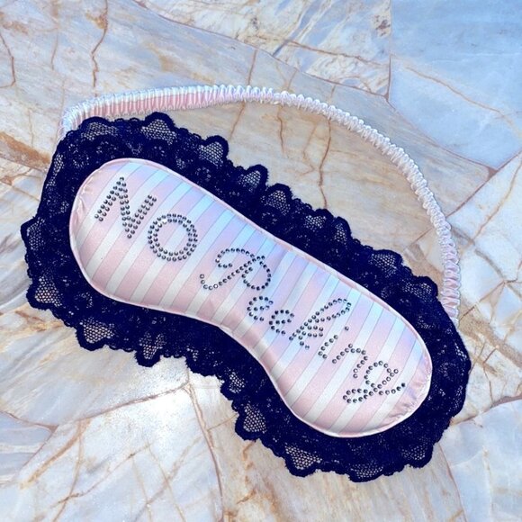 Victorias Secret “No Peeking” blindfold Silky Sleep Mask Pink Stripe Lace Trim - Picture 3 of 6